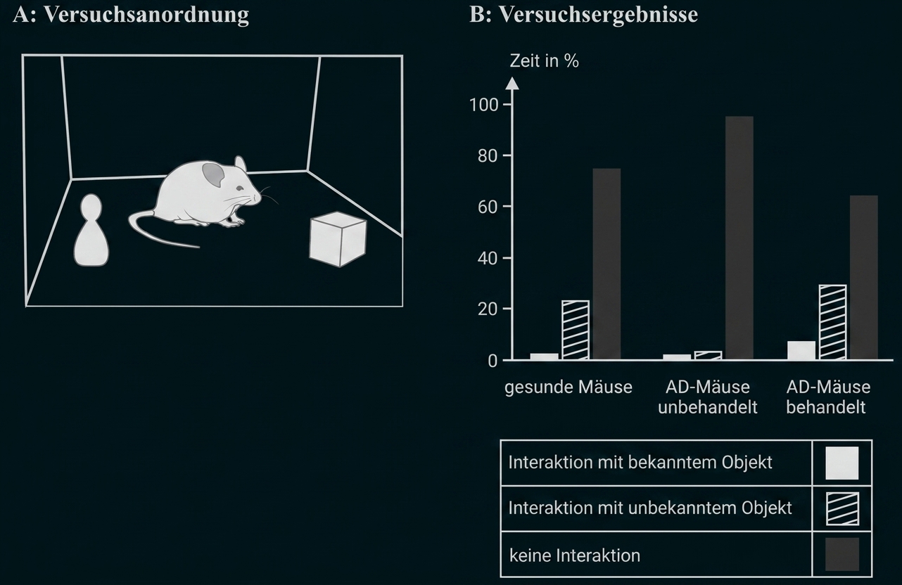 Versuchskäfig mit Maus und zwei Objekten; Balkendiagramm zeigt Interaktionen gesunder, unbehandelter und behandelter AD‑Mäuse.
